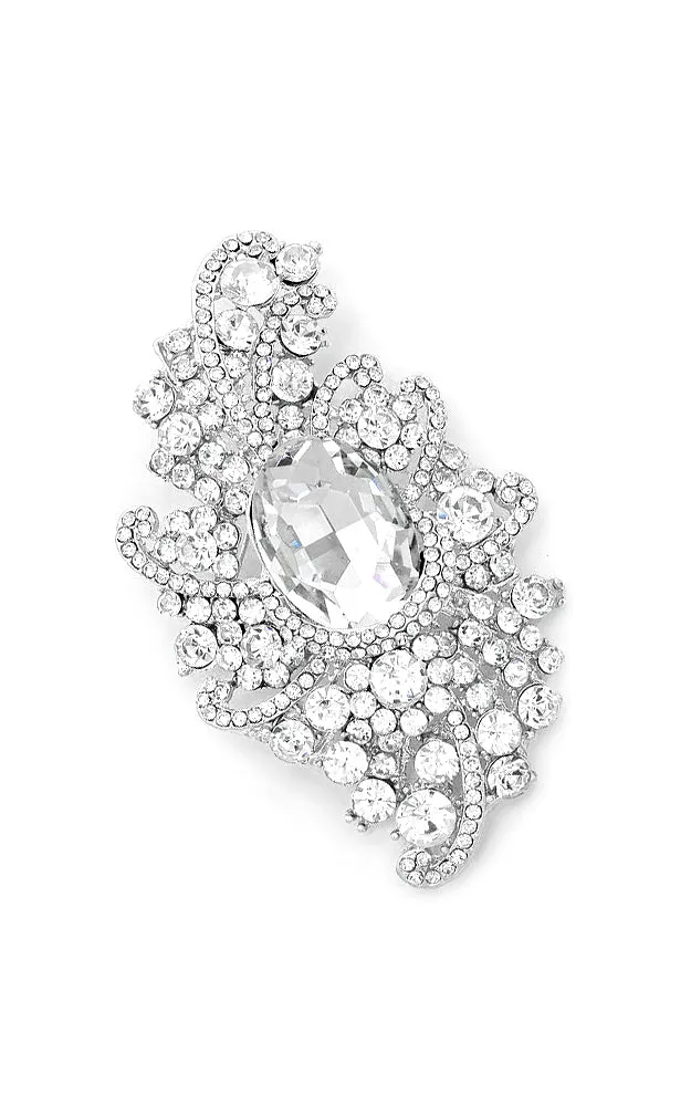 06244 Silver Crystal Oval Accented Bouquet Pin Brooch