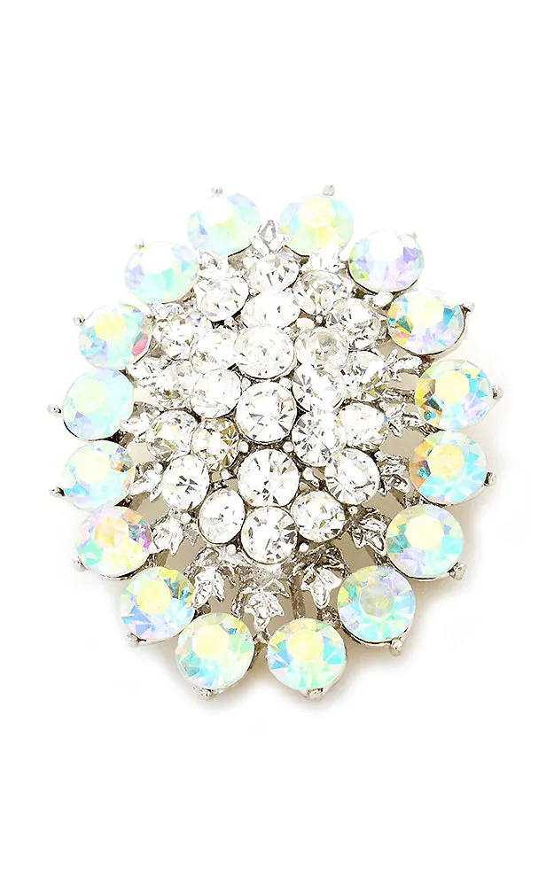 0640 Silver W/AB Glass crystal cluster oval brooch