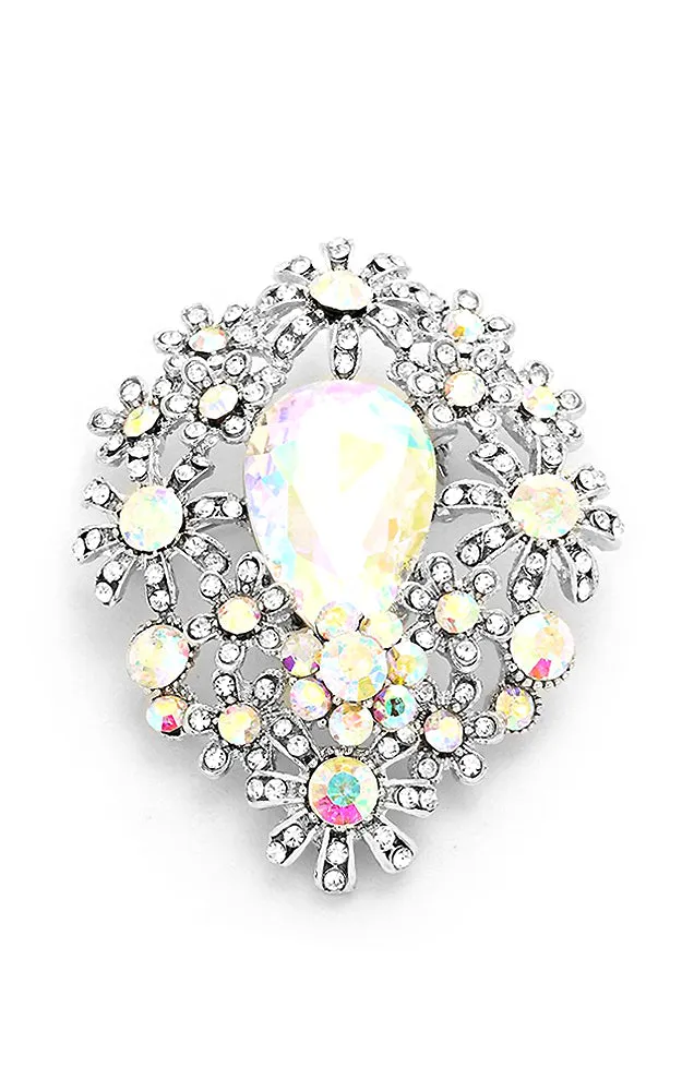 06411 Silver AB crystal flower cluster brooch / pendant