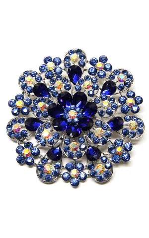 06417 Blue Crystal Pave Flower Chunky Brooch