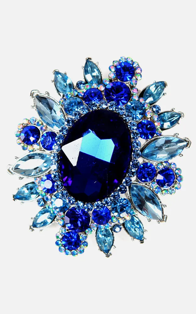 06551 Blue Silver Crystal Pave Chunky Brooch