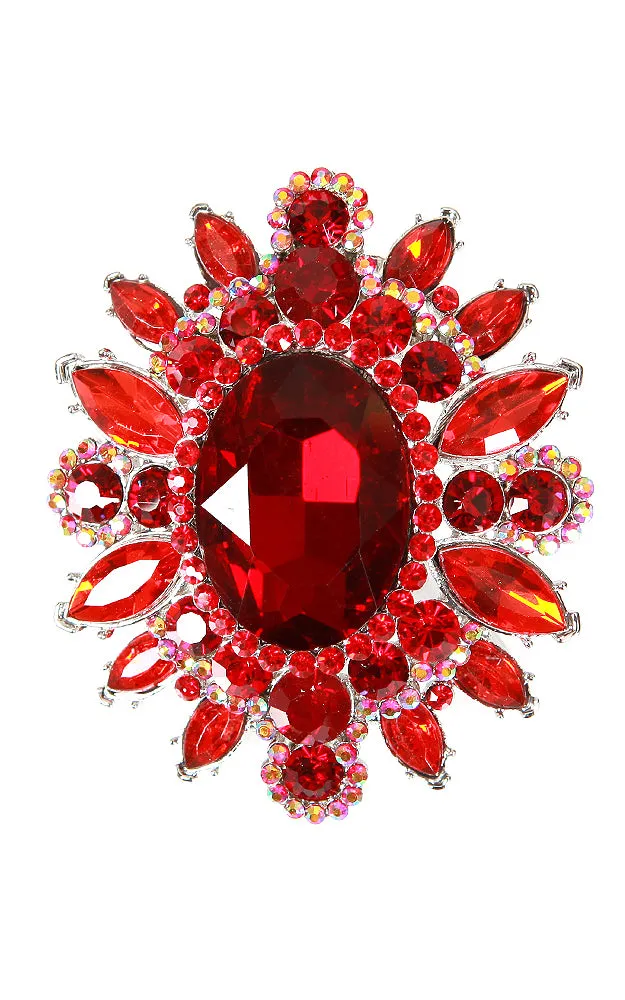 06551 Red Silver Crystal Pave Chunky Brooch