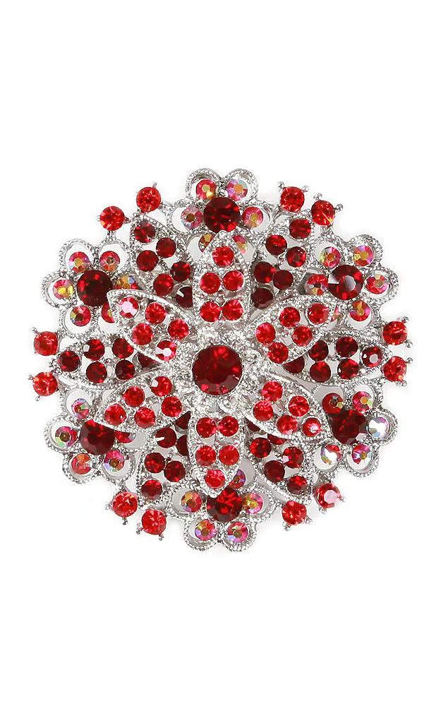 06564 Red Silver Crystal Pave Chunky Brooch