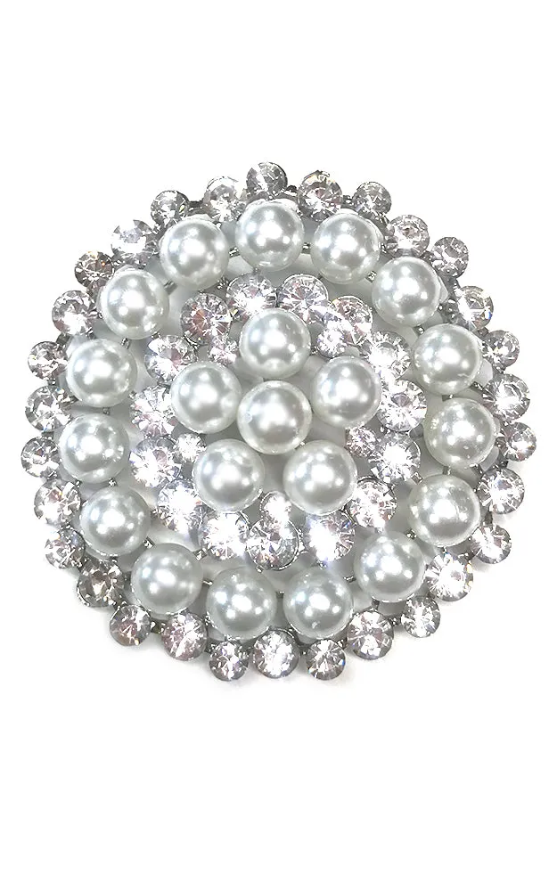 06670 Silver White Pearl / Clear Crystal Chunky Brooch