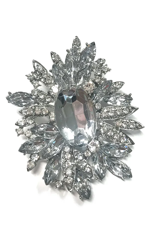 0695 Silver/Clear Crystal Flower Leaf Cluster Brooch / Pendant