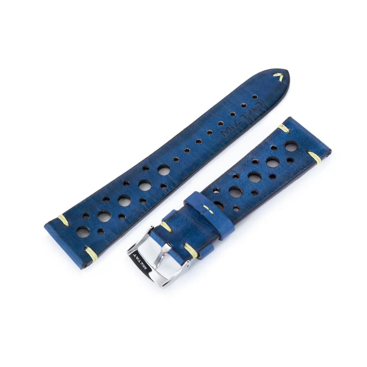 20mm or 22mm MiLTAT Italian Handmade Racer Vintage Jeans Blue Watch Strap, Yellow Stitching