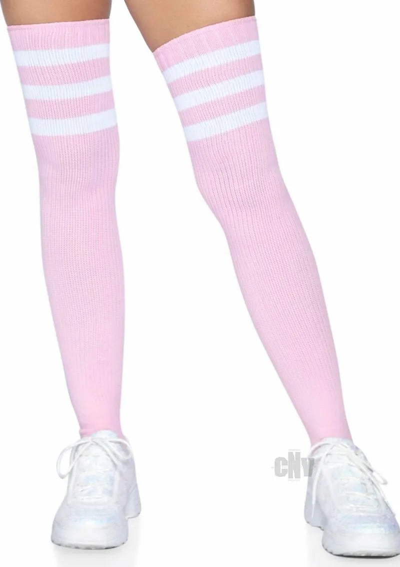 3 Stripes Athletic Ribbed Thigh Highs - One Size - Light Pink