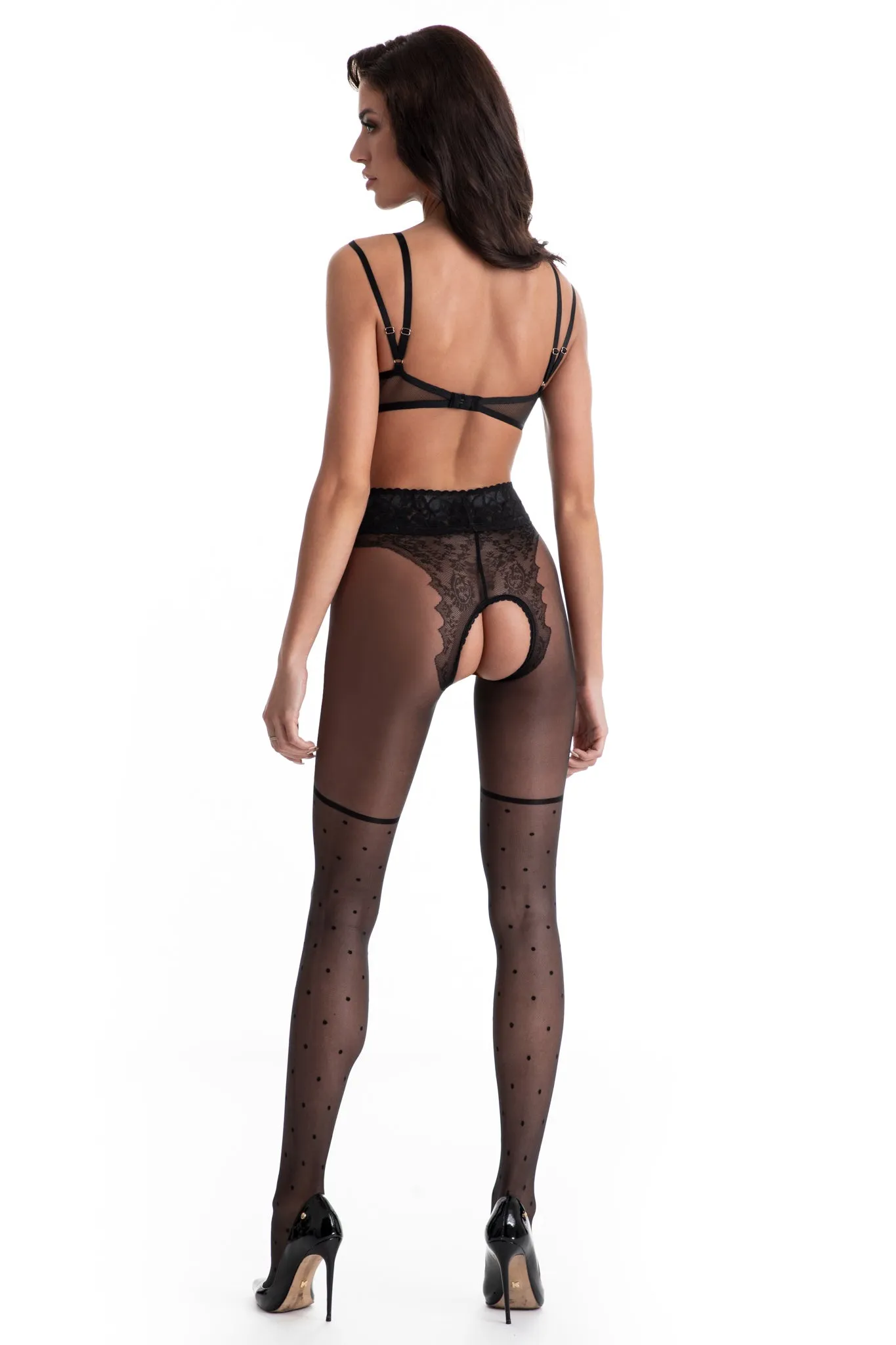 Amour Lolita Patterned Open Gusset Tights 30 Denier - All Black