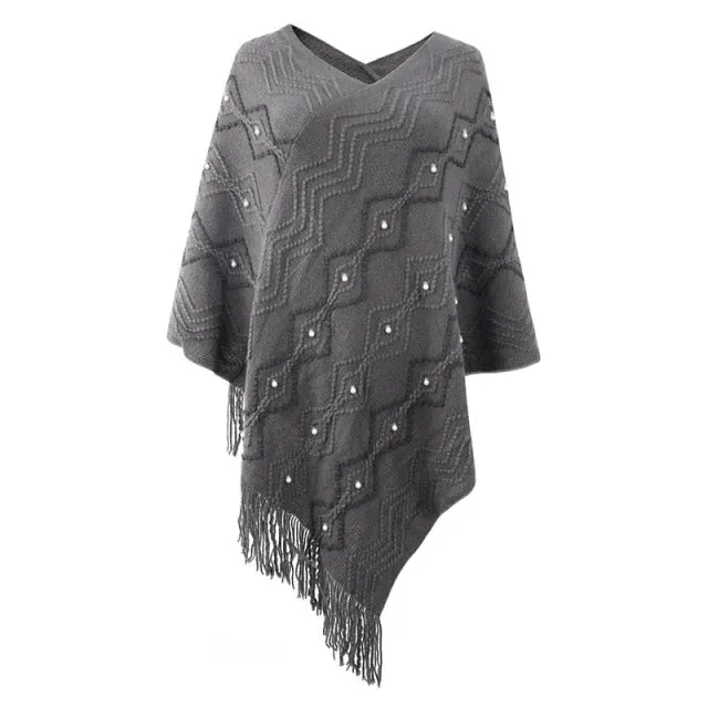 Autumn Winter Sweaters Poncho Knitting Capes Cloak Sweater V-Neck Irregular Hem Tassels Coat Striped Knitted Pullover