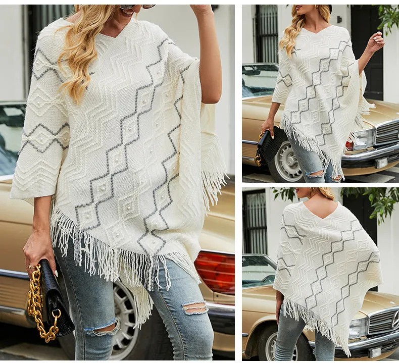 Autumn Winter Sweaters Poncho Knitting Capes Cloak Sweater V-Neck Irregular Hem Tassels Coat Striped Knitted Pullover