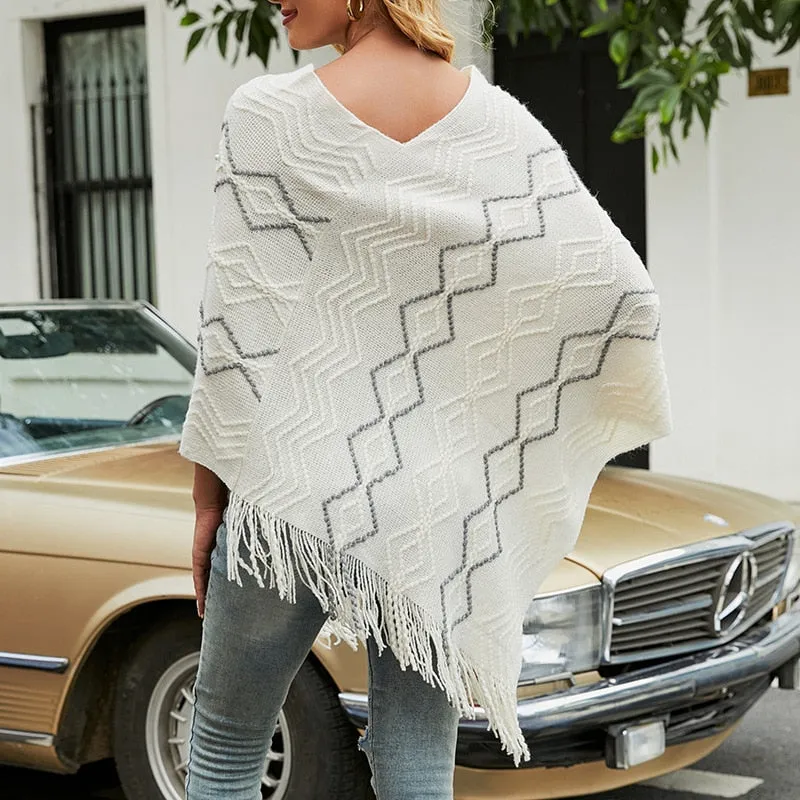 Autumn Winter Sweaters Poncho Knitting Capes Cloak Sweater V-Neck Irregular Hem Tassels Coat Striped Knitted Pullover