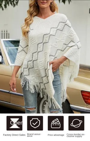 Autumn Winter Sweaters Poncho Knitting Capes Cloak Sweater V-Neck Irregular Hem Tassels Coat Striped Knitted Pullover