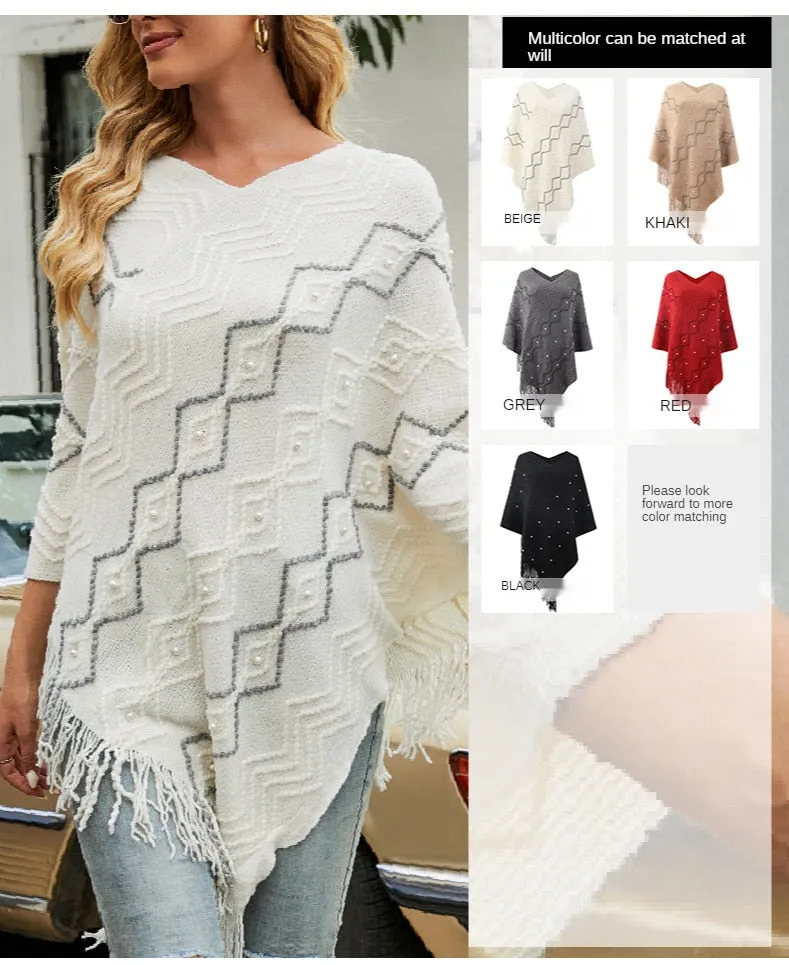 Autumn Winter Sweaters Poncho Knitting Capes Cloak Sweater V-Neck Irregular Hem Tassels Coat Striped Knitted Pullover