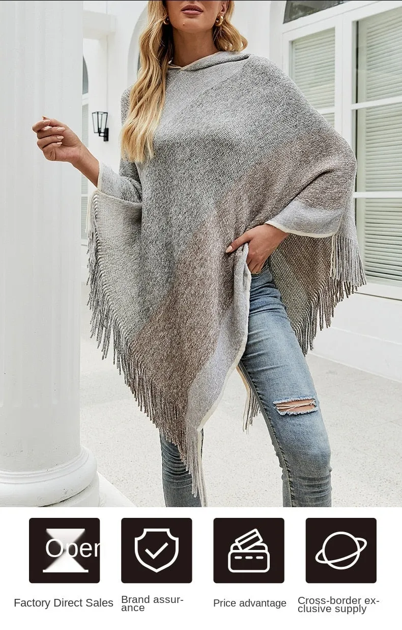 Autumn Winter Women Sweaters Poncho Knitting Capes Cloak Sweater V-Neck Irregular Hem Tassels Coat Color-block Knitted Pullover