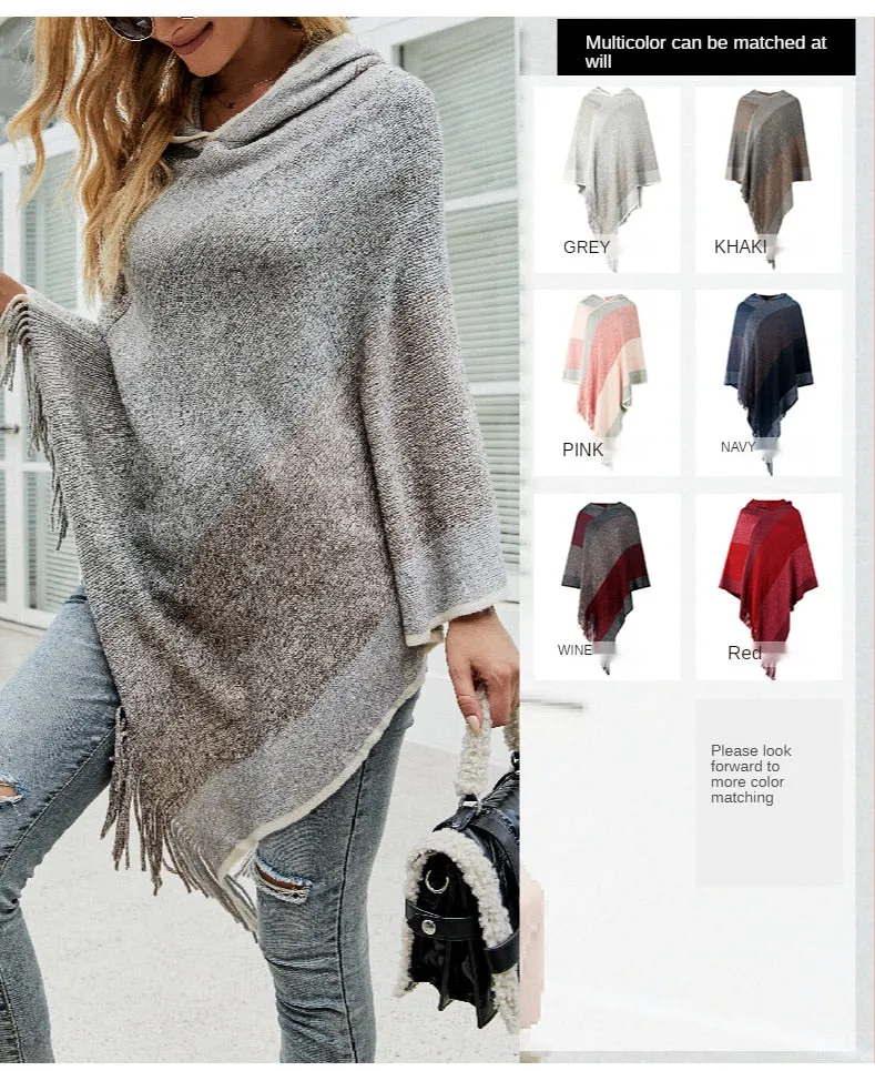 Autumn Winter Women Sweaters Poncho Knitting Capes Cloak Sweater V-Neck Irregular Hem Tassels Coat Color-block Knitted Pullover