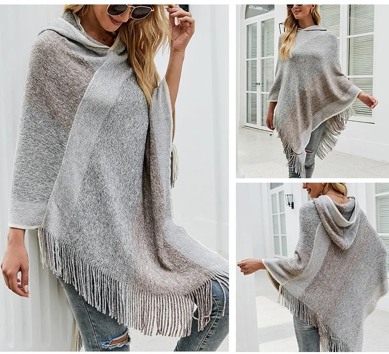 Autumn Winter Women Sweaters Poncho Knitting Capes Cloak Sweater V-Neck Irregular Hem Tassels Coat Color-block Knitted Pullover