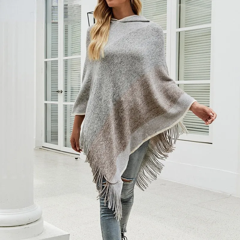 Autumn Winter Women Sweaters Poncho Knitting Capes Cloak Sweater V-Neck Irregular Hem Tassels Coat Color-block Knitted Pullover