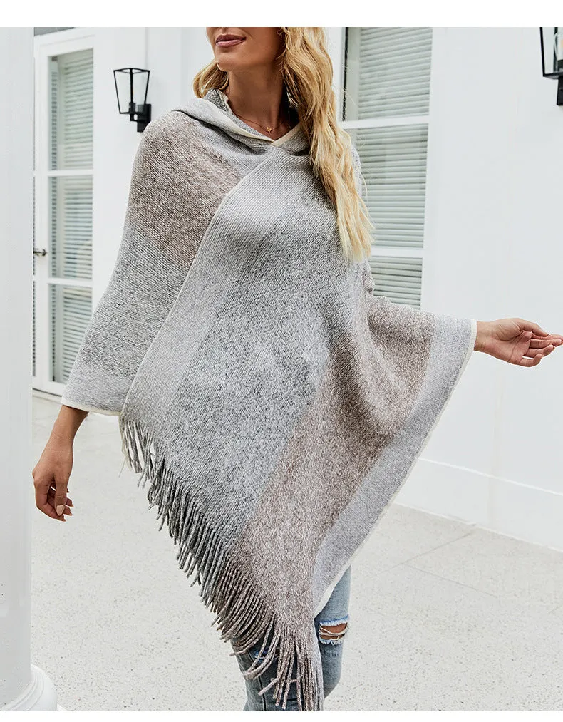 Autumn Winter Women Sweaters Poncho Knitting Capes Cloak Sweater V-Neck Irregular Hem Tassels Coat Color-block Knitted Pullover