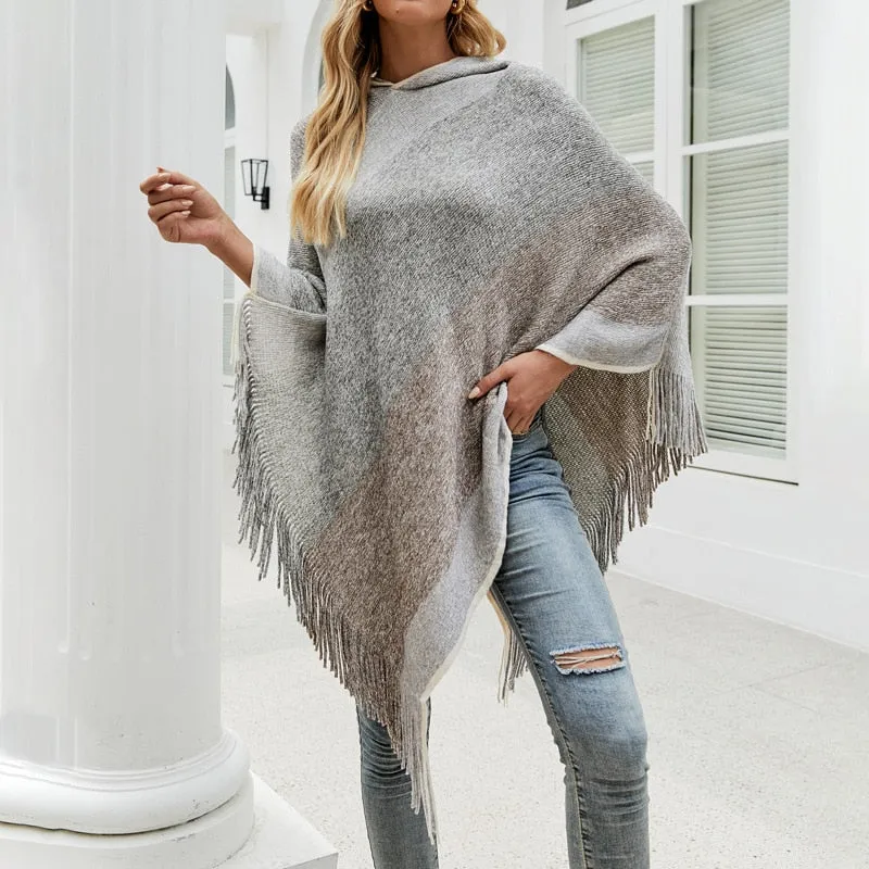 Autumn Winter Women Sweaters Poncho Knitting Capes Cloak Sweater V-Neck Irregular Hem Tassels Coat Color-block Knitted Pullover