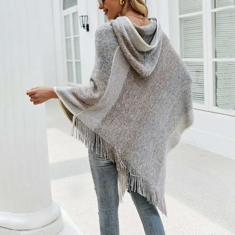 Autumn Winter Women Sweaters Poncho Knitting Capes Cloak Sweater V-Neck Irregular Hem Tassels Coat Color-block Knitted Pullover