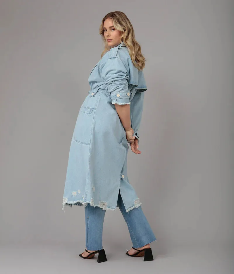 Avery Denim Trench Coat - Blue Opal