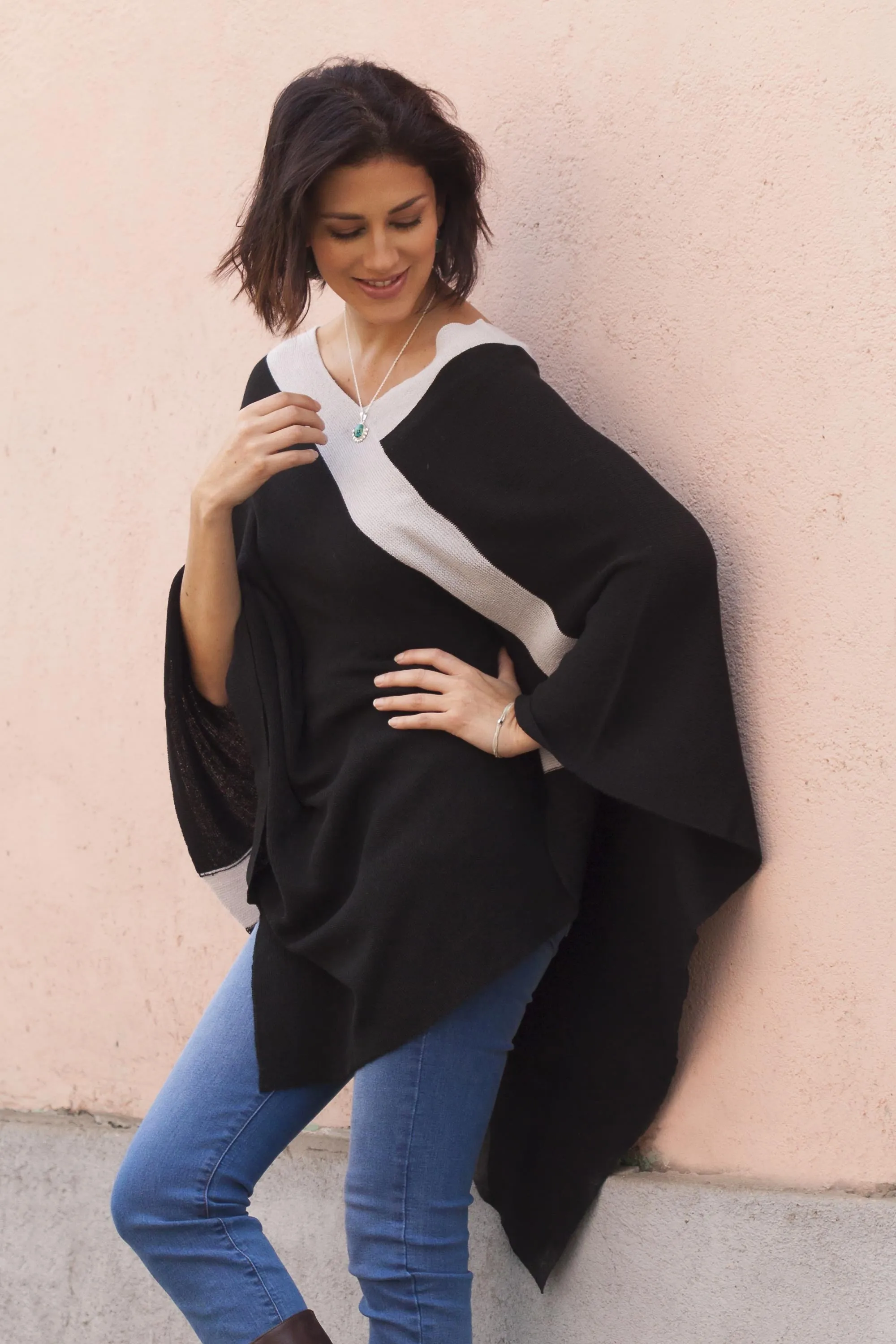 Black and Grey Peruvian Knit Bohemian Drape Poncho - Black and Grey Beam of Light | NOVICA