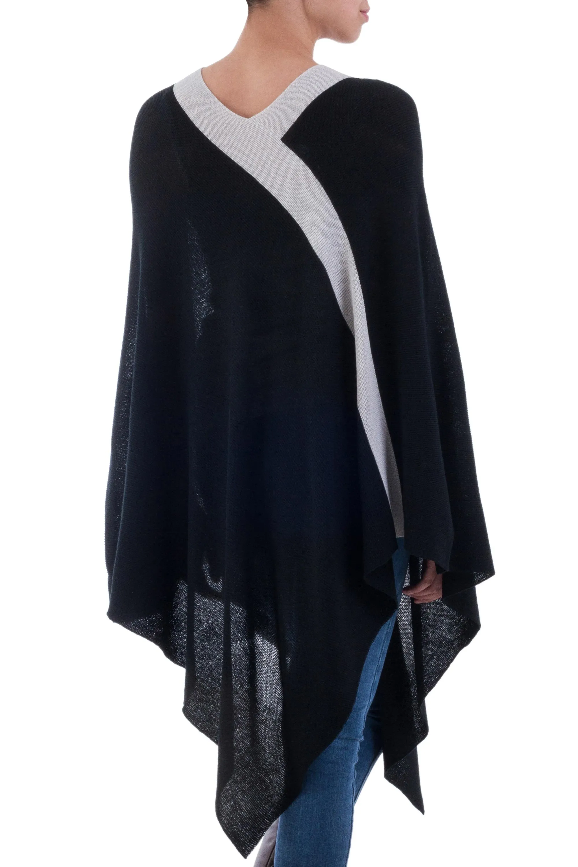 Black and Grey Peruvian Knit Bohemian Drape Poncho - Black and Grey Beam of Light | NOVICA