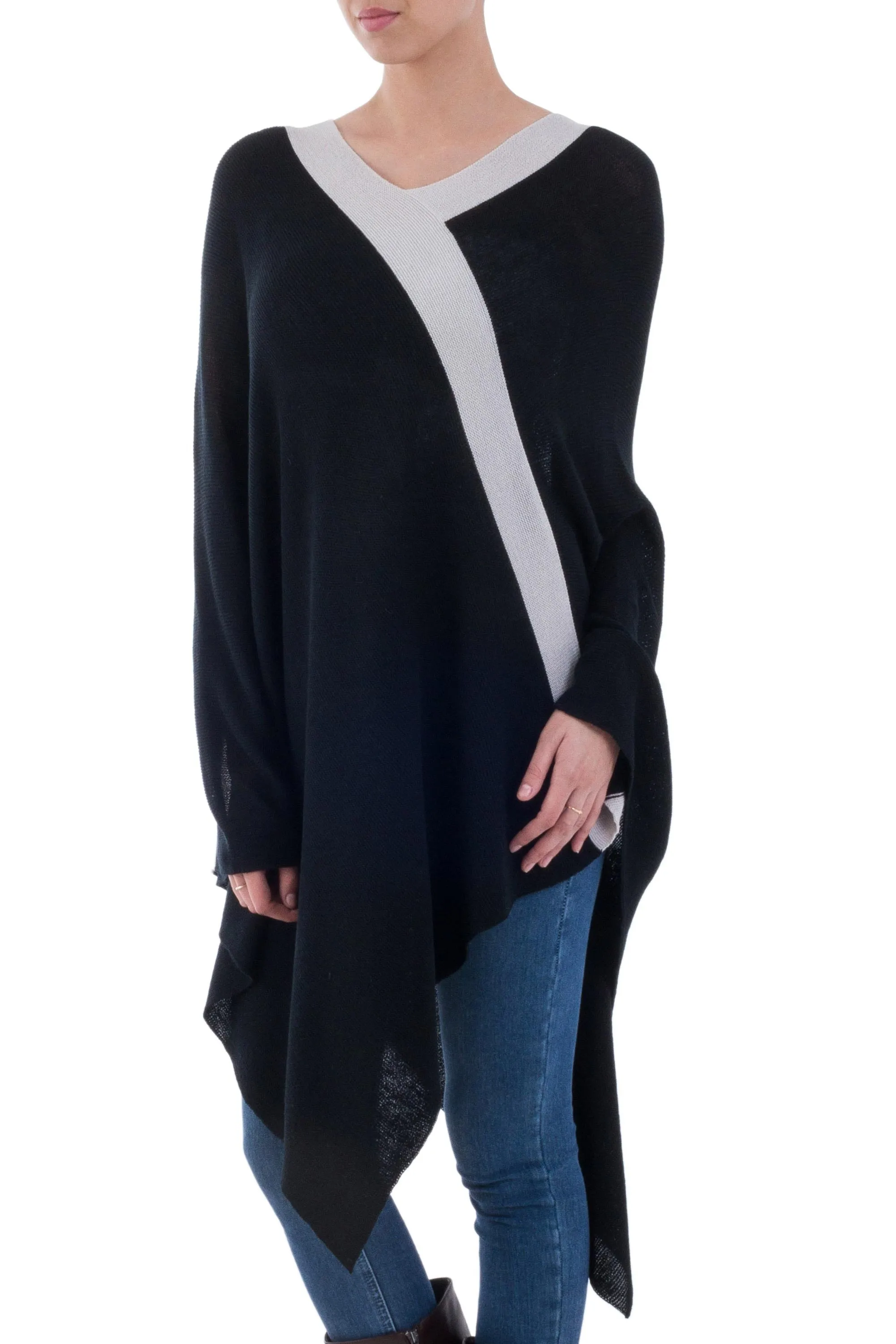 Black and Grey Peruvian Knit Bohemian Drape Poncho - Black and Grey Beam of Light | NOVICA