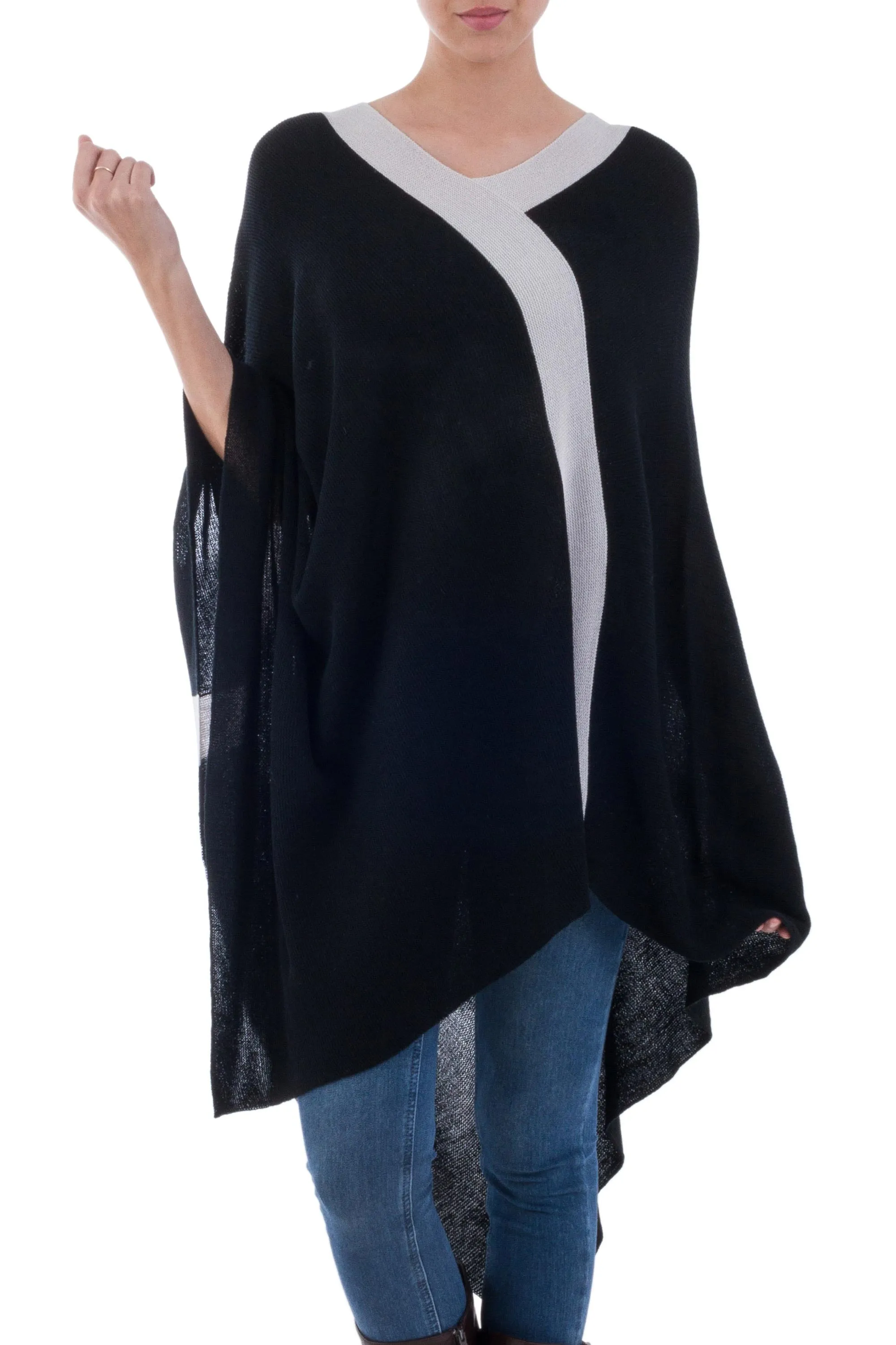 Black and Grey Peruvian Knit Bohemian Drape Poncho - Black and Grey Beam of Light | NOVICA