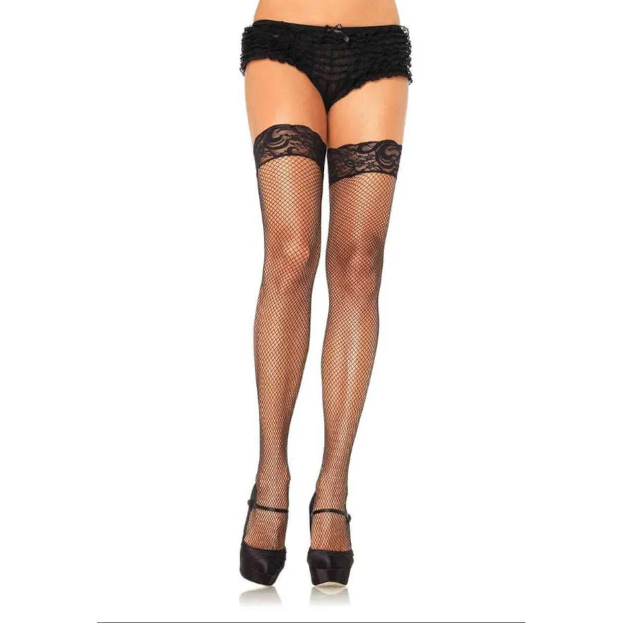 Black Queen Size Stay Up Lycra Fishnet with Lace Top Thigh High