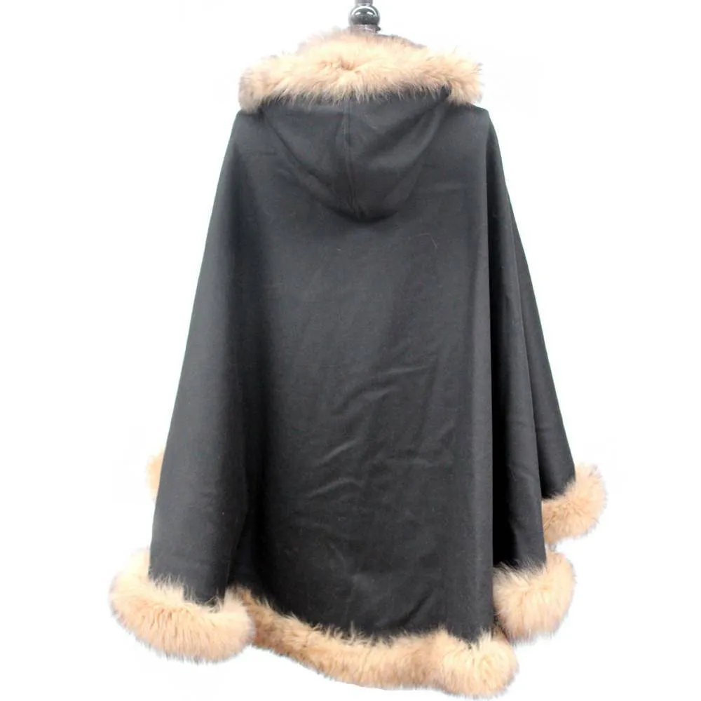 Black/Camel Solid Cape with Tonal Fox Fur Trim