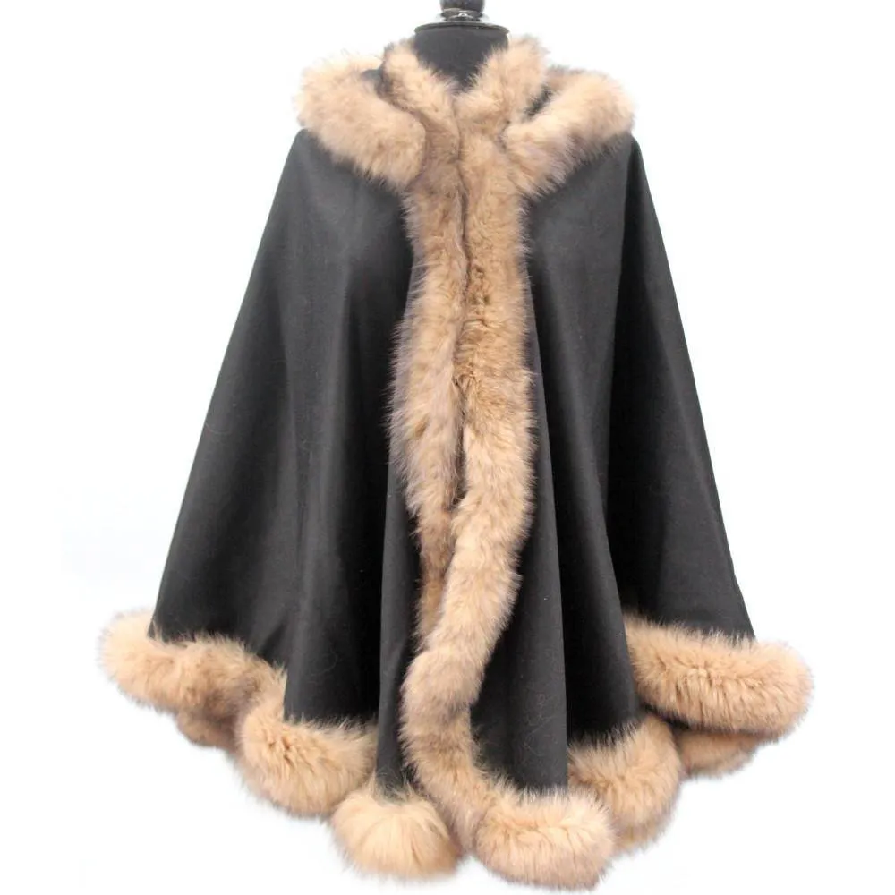 Black/Camel Solid Cape with Tonal Fox Fur Trim