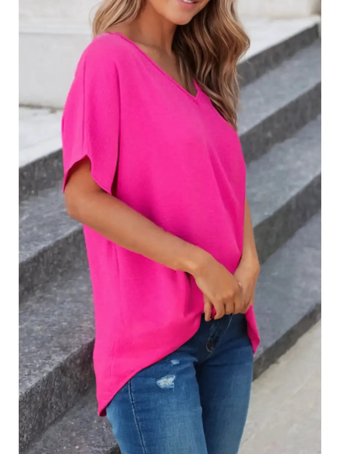 Blouse - Solid V-Neck Short Sleeve, Rose