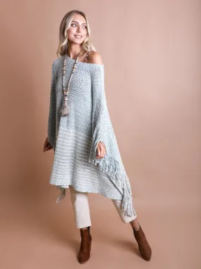 Blue Boho Peasant Poncho Sweater Knit Ruana