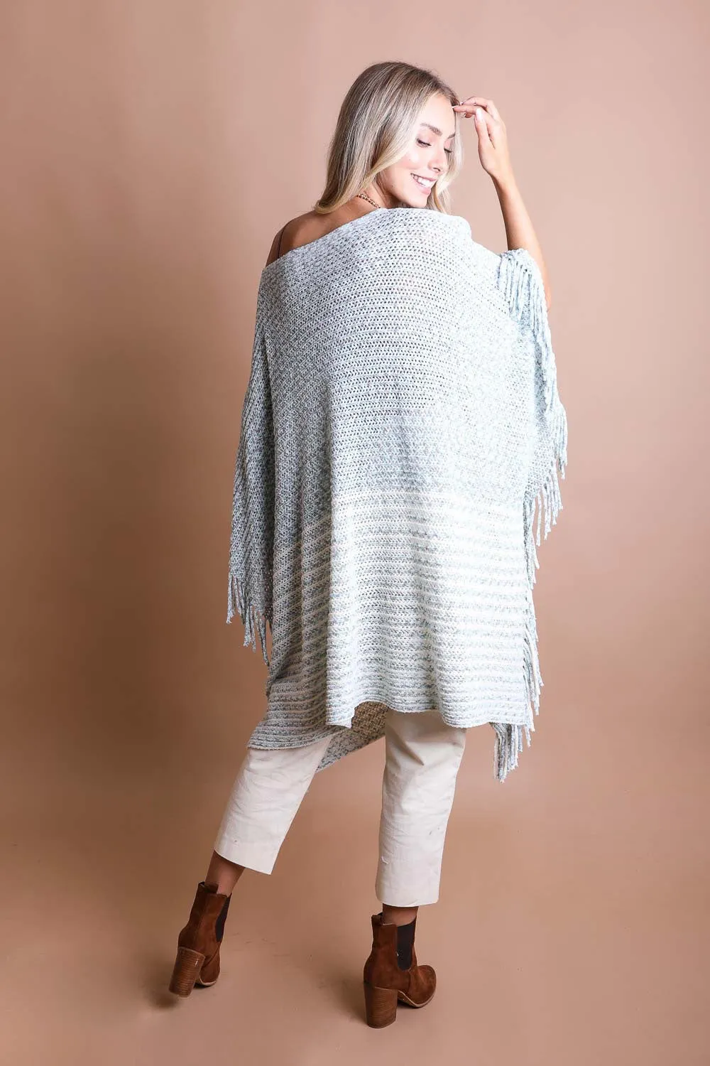 Blue Boho Peasant Poncho Sweater Knit Ruana