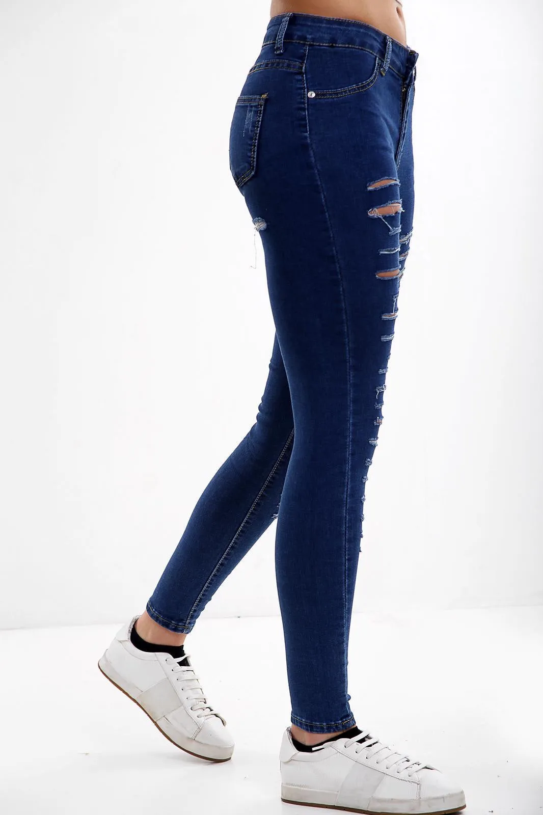 Blue Ladies High waisted multi cut  jeans