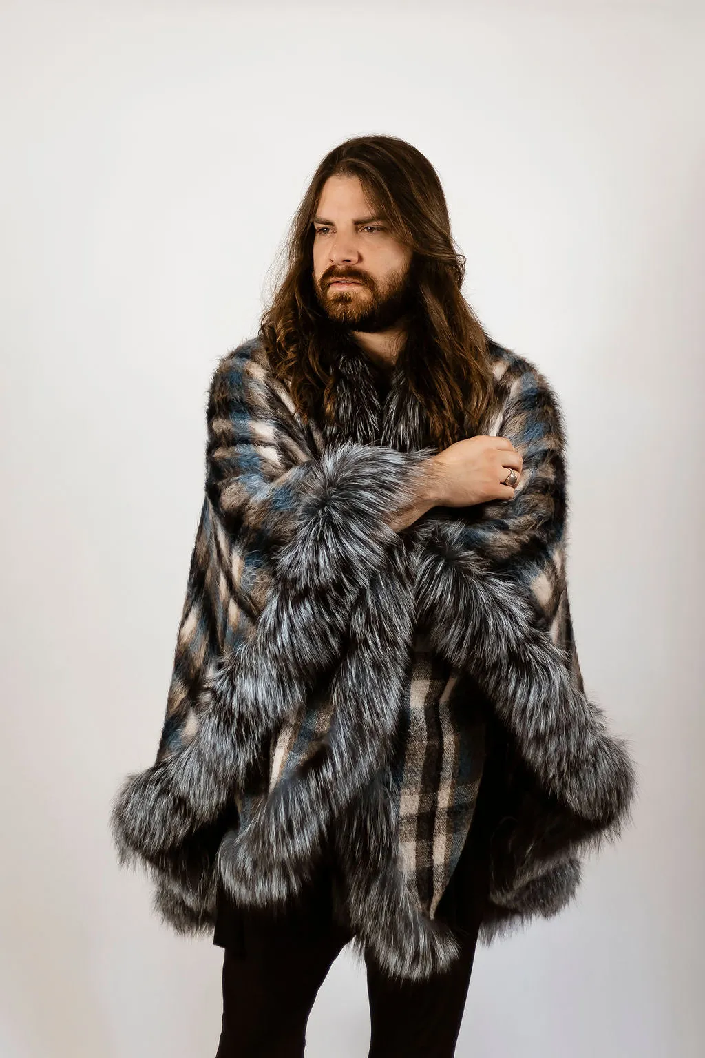 Blue plaid alpaca cape with dyed silver fox trim