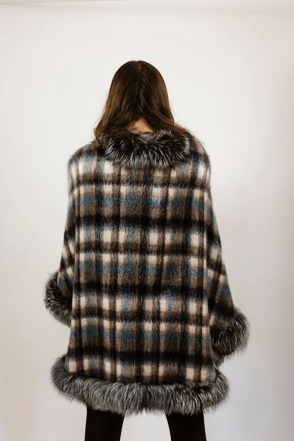 Blue plaid alpaca cape with dyed silver fox trim