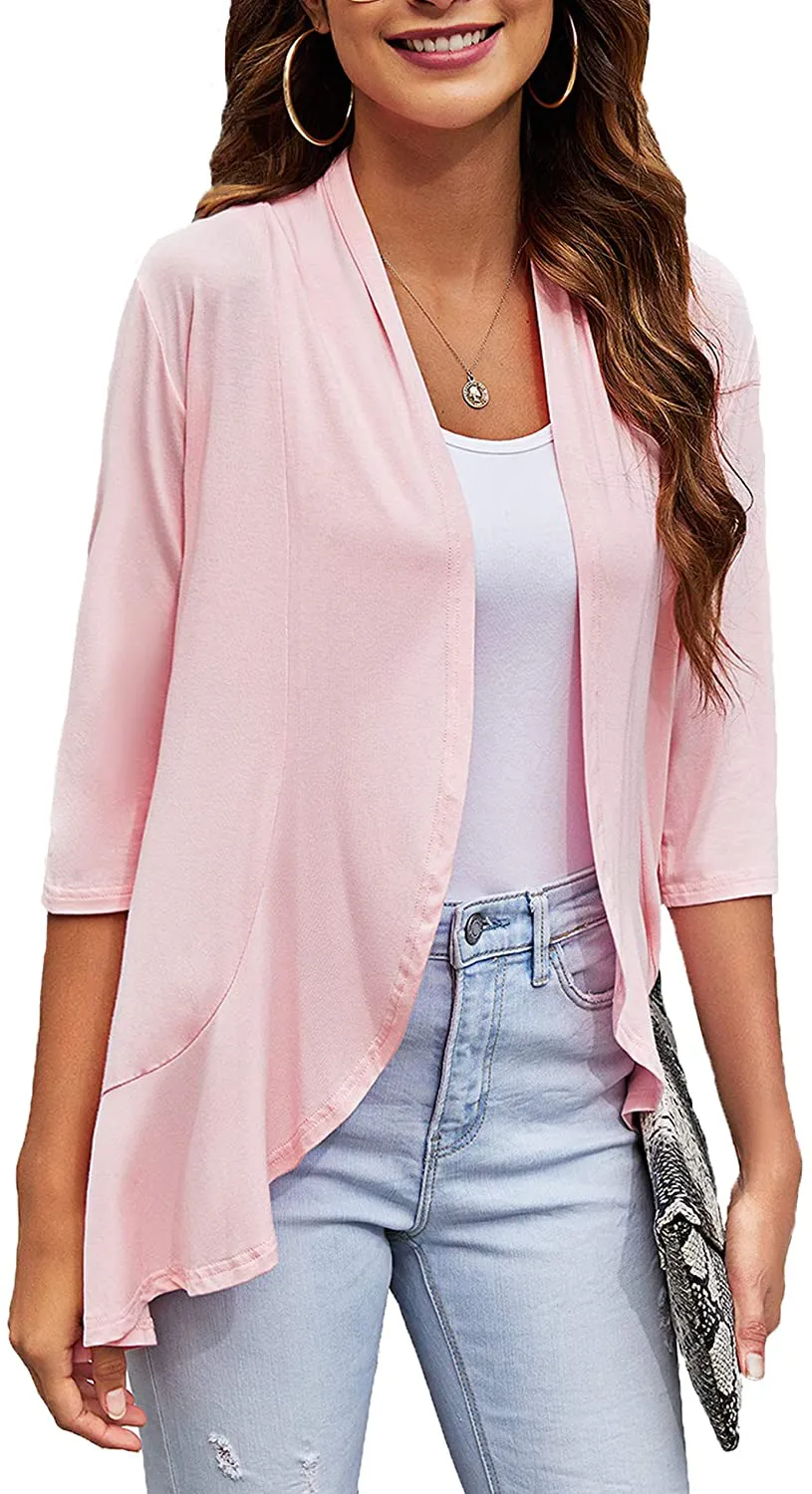 Bluetime Women's Casual Lightweight Open Front Cardigans Soft Draped Ruffles 3/4 Sleeve Cardigan (S-3XL)