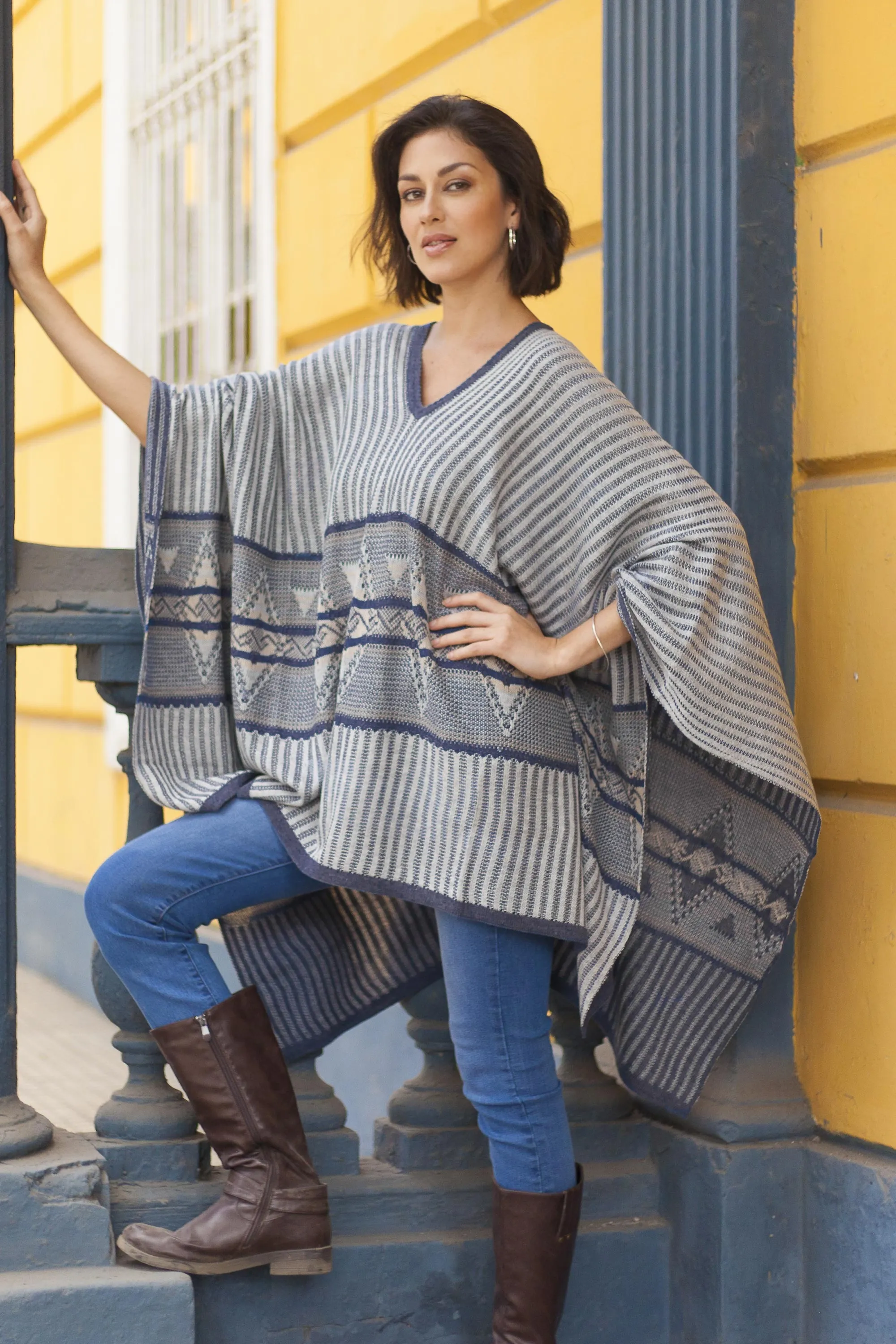 Bohemian Poncho in Blue Geometric Pattern from Peru - Memories Past in Blue | NOVICA