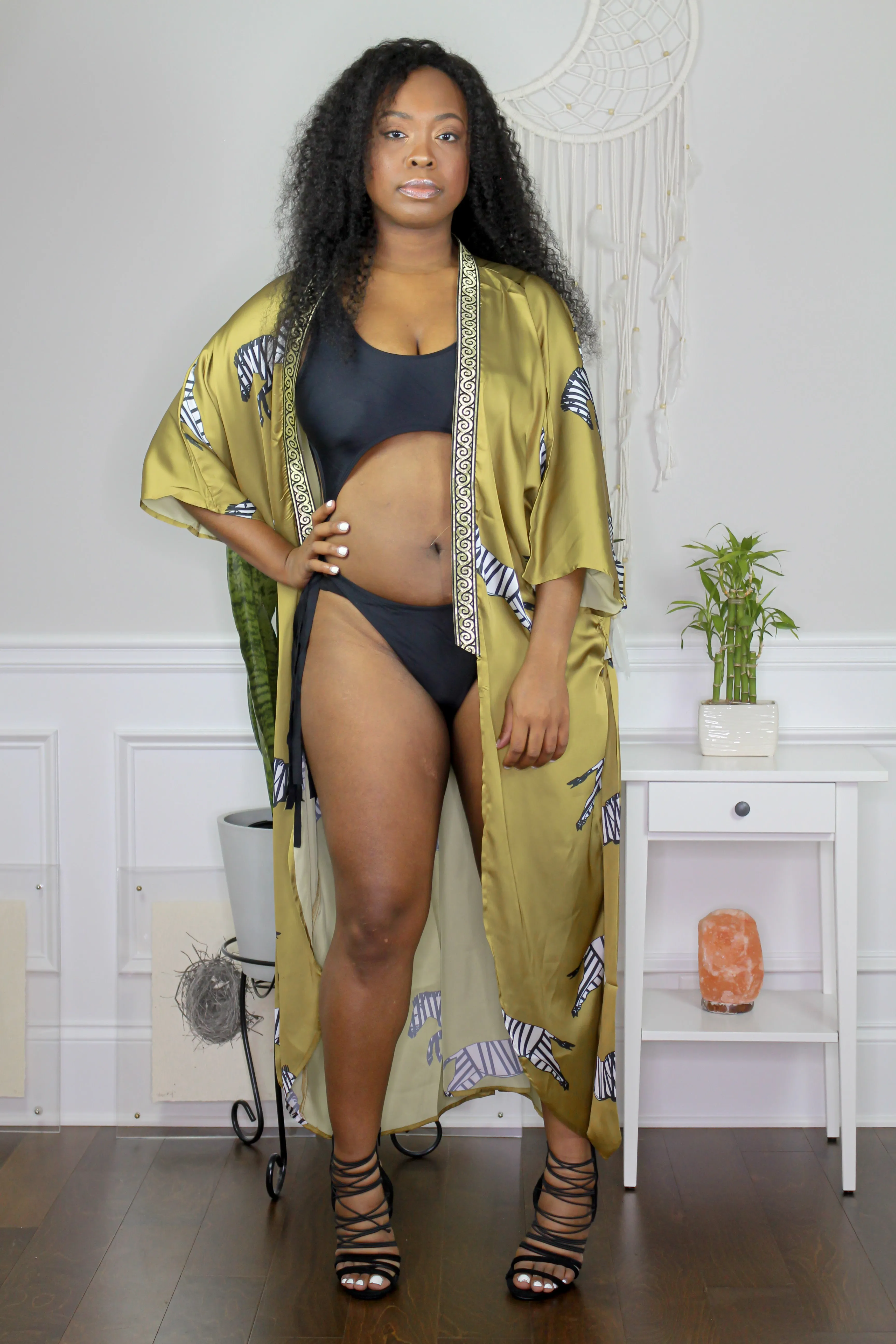 Boho Goddess Zebra Gold & Green Kimono