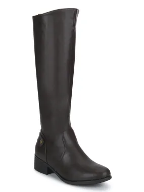 Brown PU Minimal Heel Calf Length Long Boots