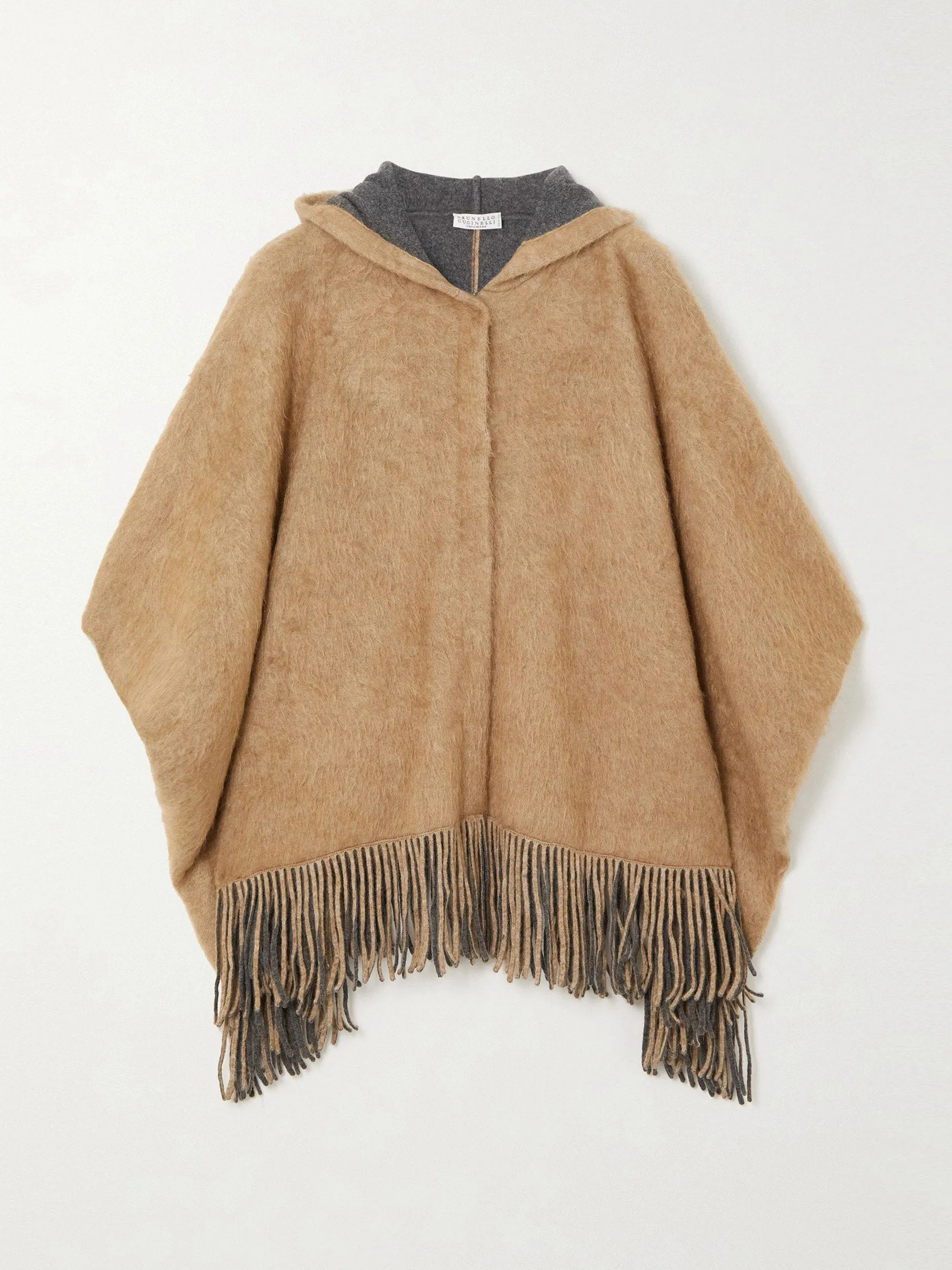 Camel hooded fringed poncho