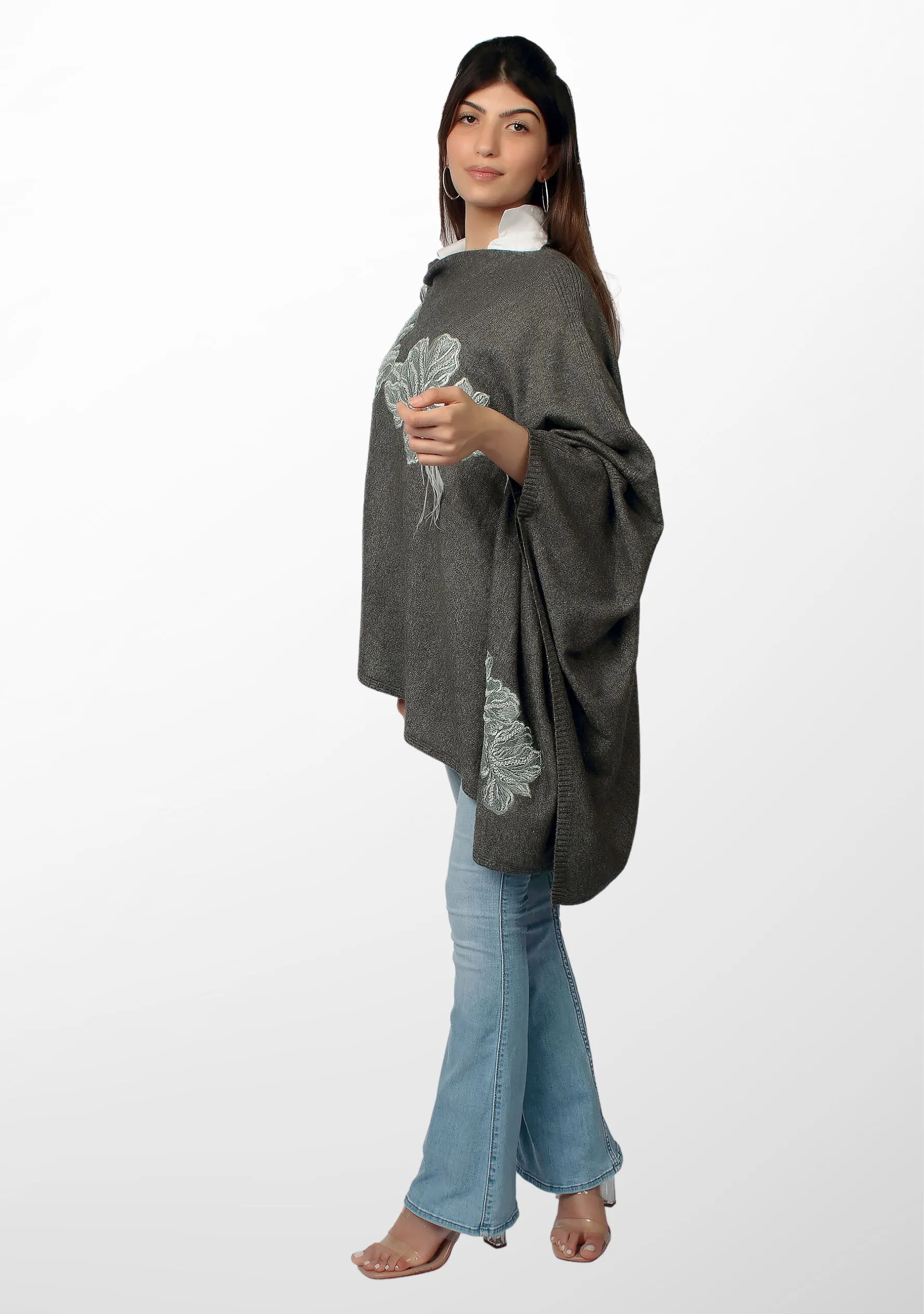 Charcoal Melange Knitted Fine Wool Poncho with Lt. Grey Embroidery and Feather Applique