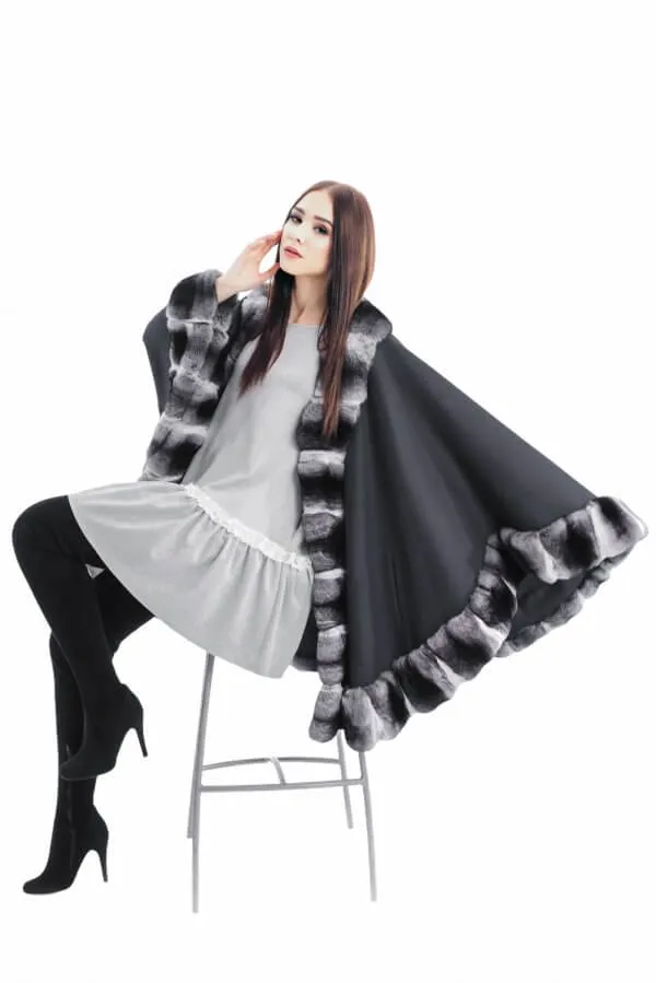 Chinchilla Fur Trimmed Cape Poncho