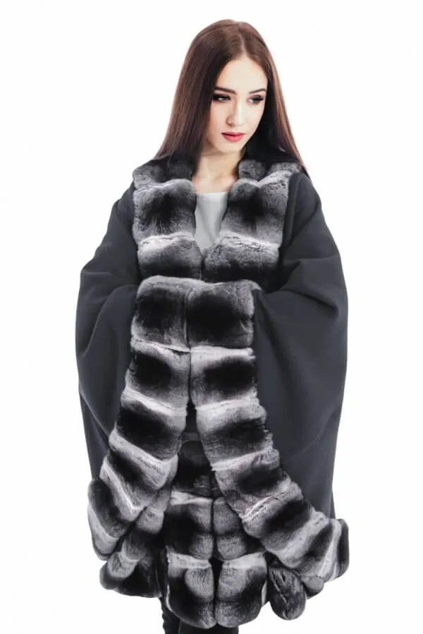 Chinchilla Fur Trimmed Cape Poncho