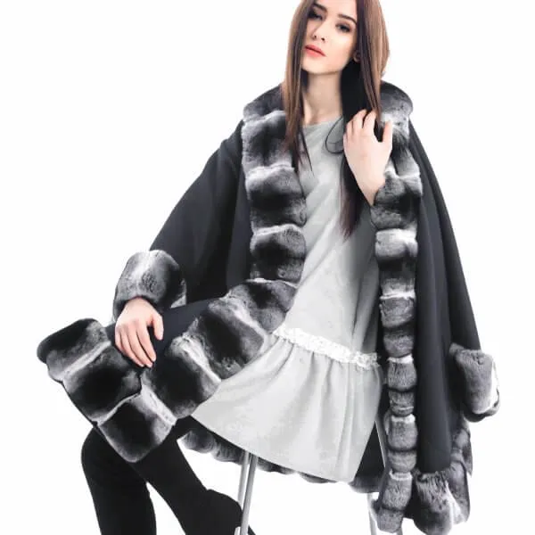 Chinchilla Fur Trimmed Cape Poncho