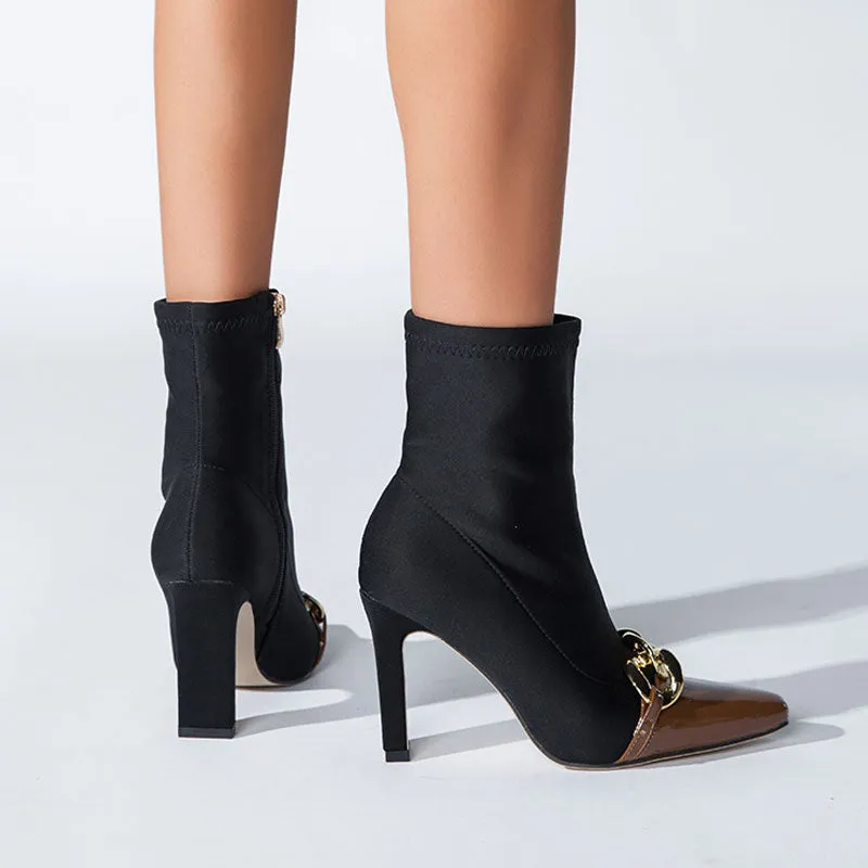 Contrast Metal Chain Pointed Toe High Heel Sock Ankle Boots - Chocolate