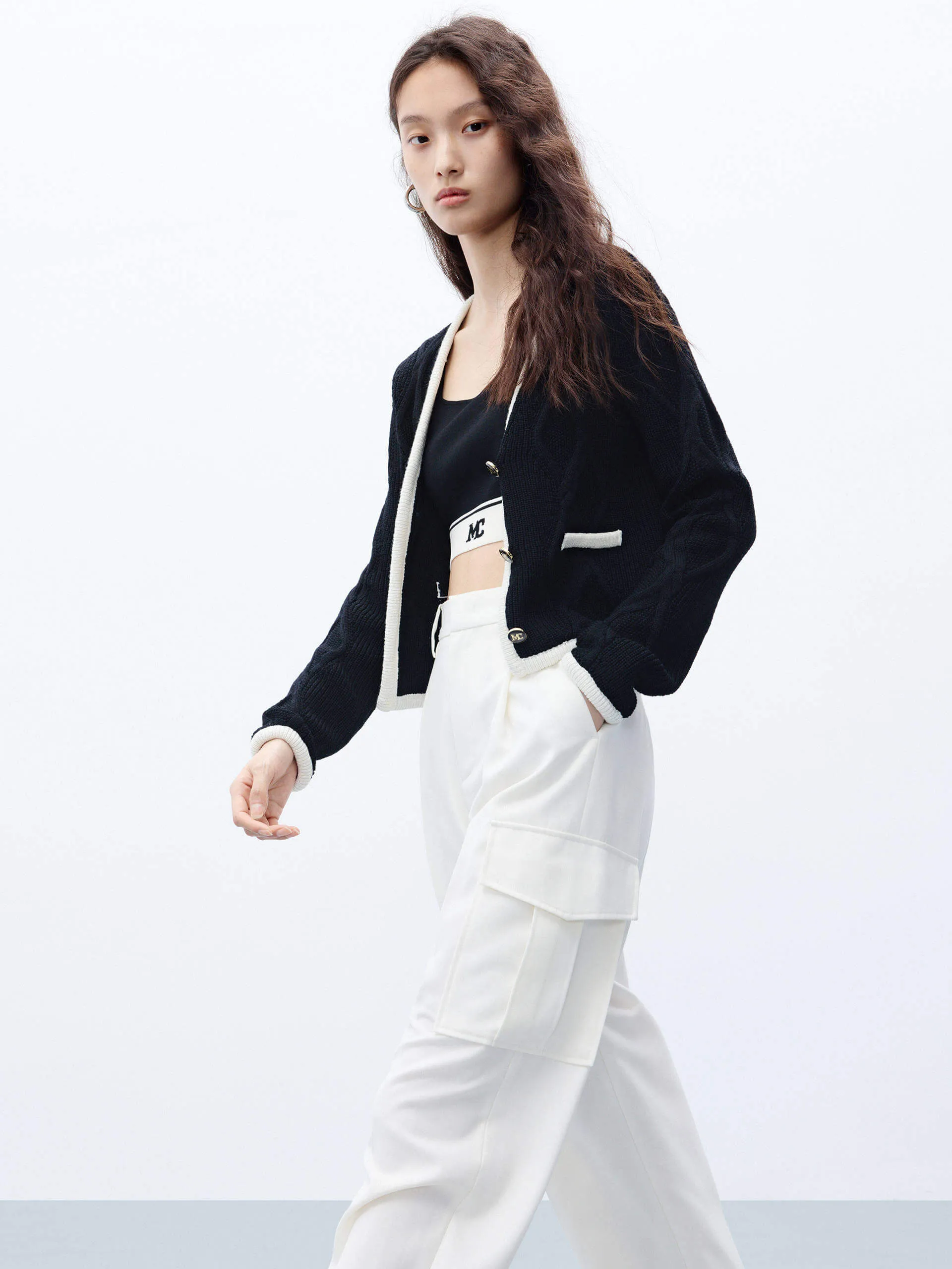 Contrast Trim Cropped Cardigan