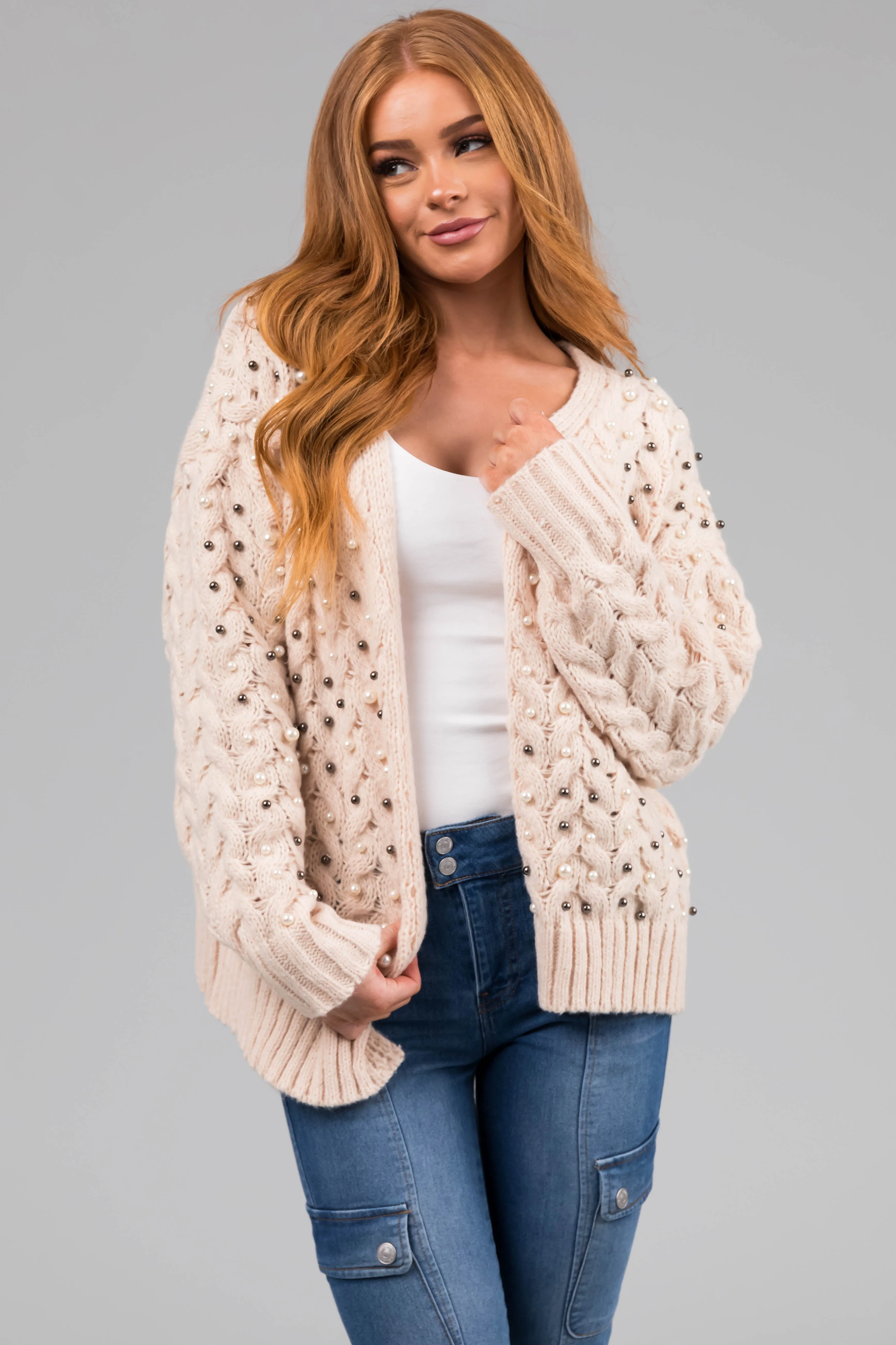 Cream Pearl Embellished Chunky Knit Cardigan